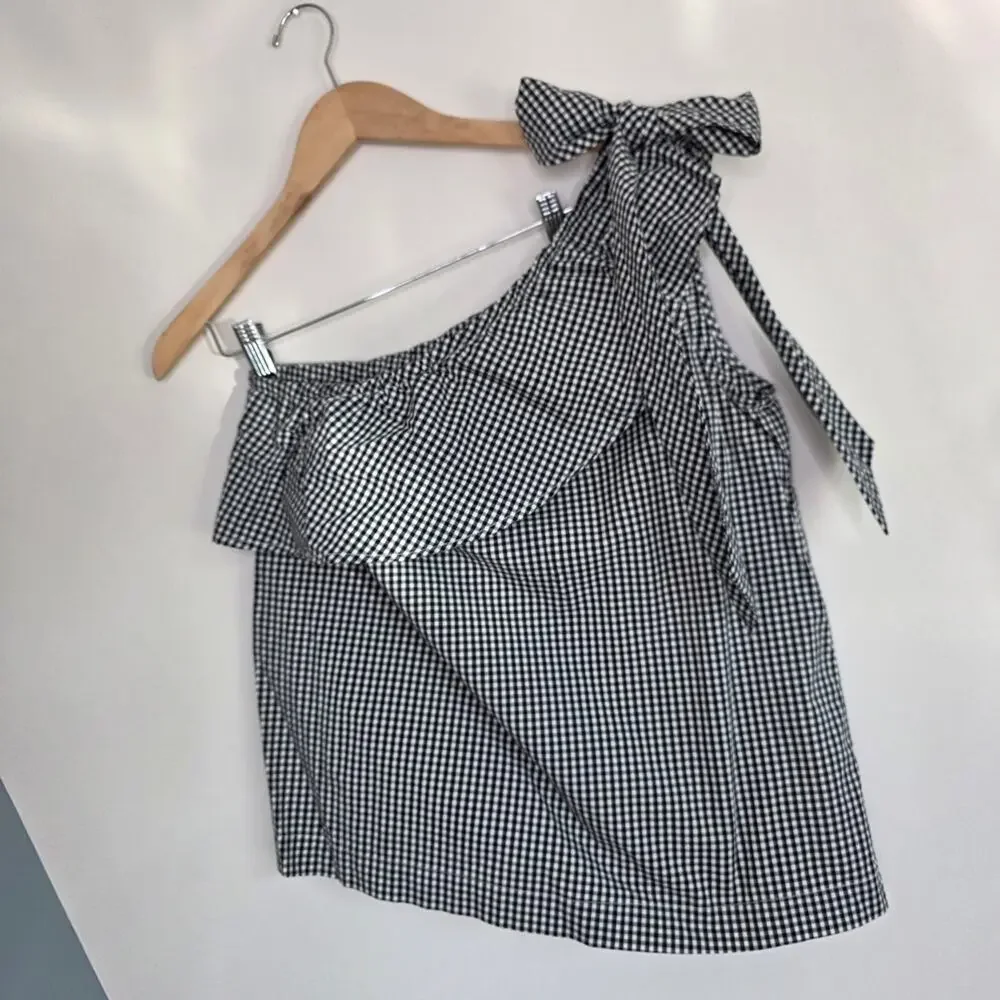 Vineyard Vines Gingham Black & White One Shoulder Bow Top Size 6, Preppy,Coastal